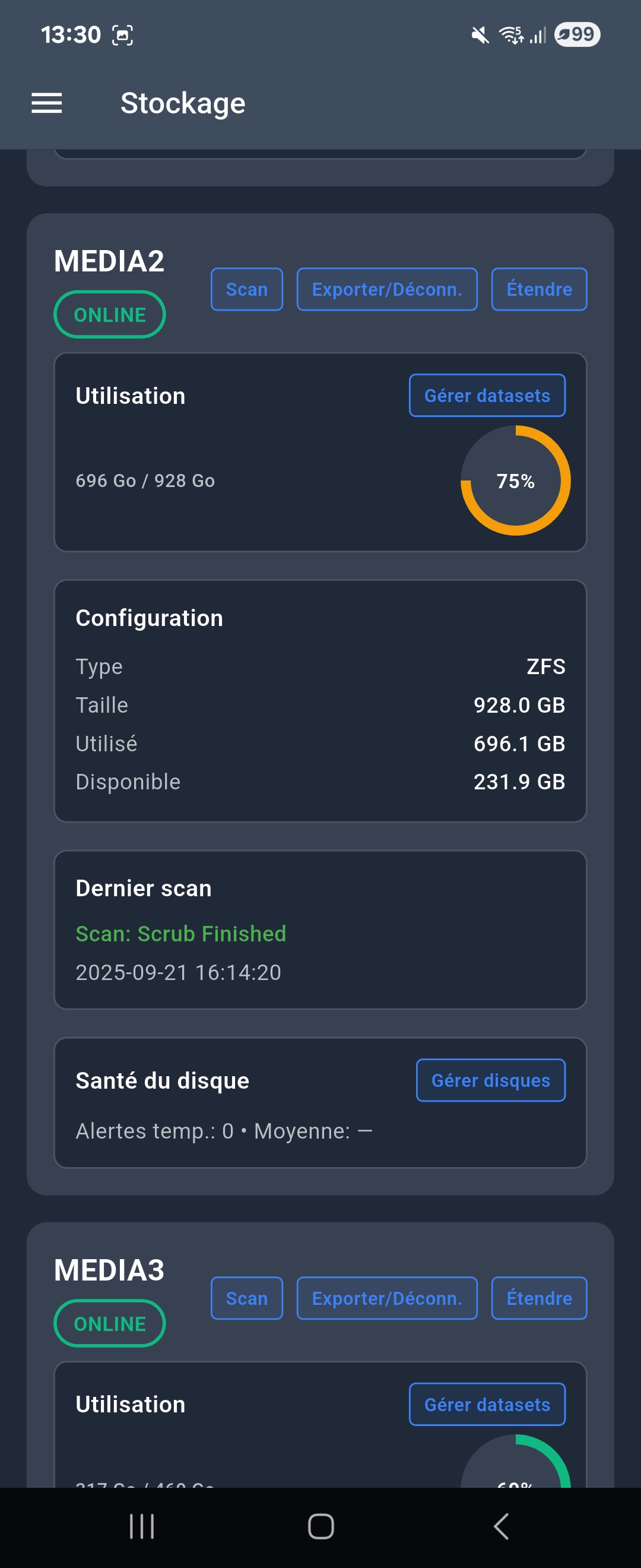 Interface de gestion du stockage pour le pool MEDIA2